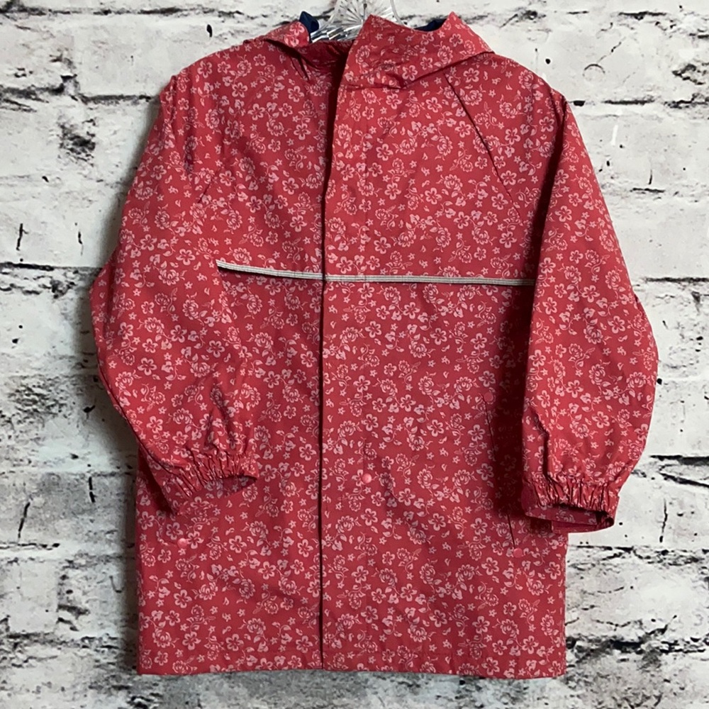 Lands End Girls Pink with Navy Hood Floral Rain Jacket Size 7-8